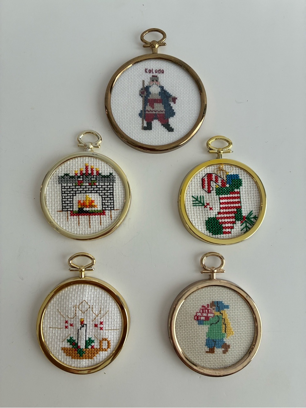 Vintage Handmade Finished Cross Stitch Art Christmas Ornaments Hoop Frames Lot 5